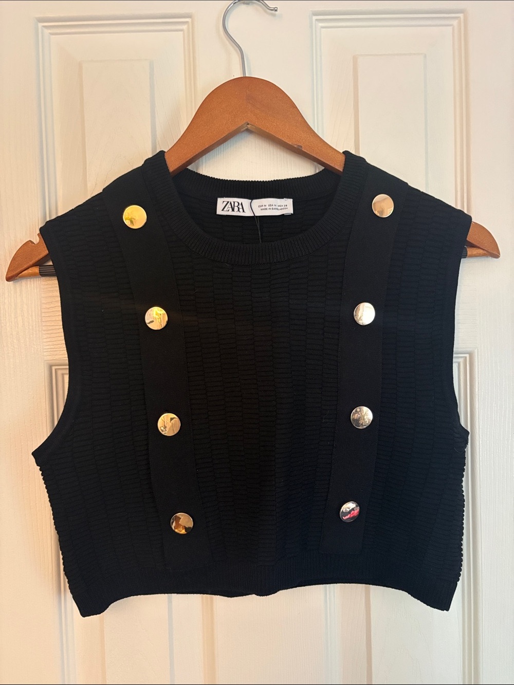 Zara Black Ribbed Sleeveless Crop Top with Gold Buttons